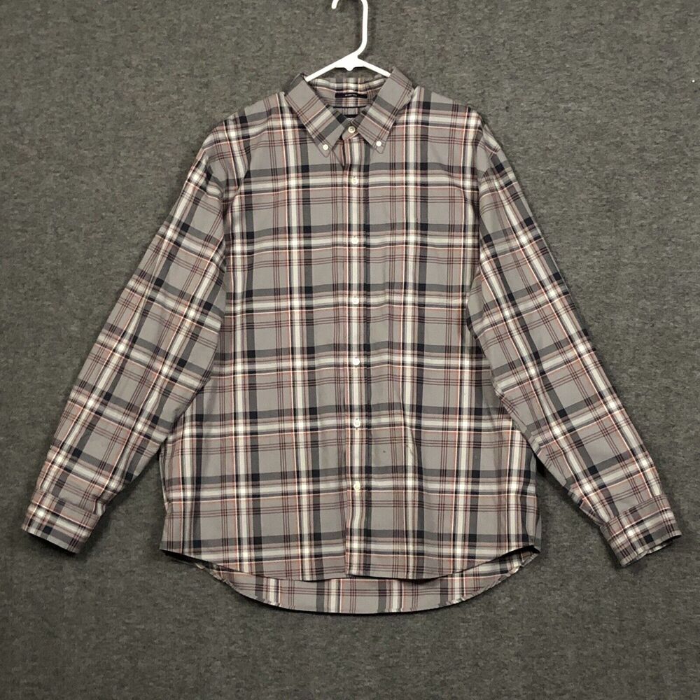 Lands End Shirt Mens XL No Iron Twill 17-17.5  Plaid Traditional Fit Gray Black